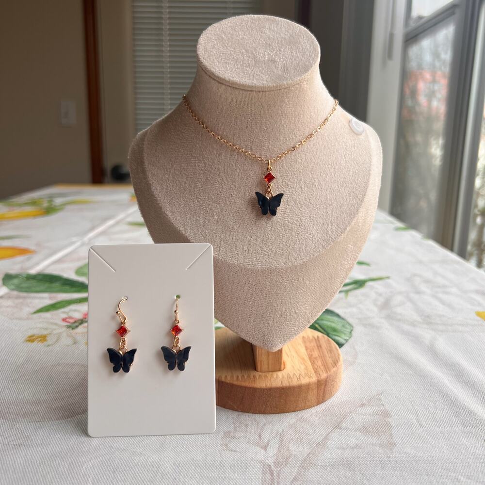 Onyx Obsidian Black Carnelian Crystal Glass Fun Kawaii Butterfly Jewelry Set